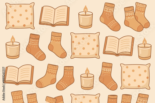 Cozy elements on a simple background with books, candles, pillows, and socks