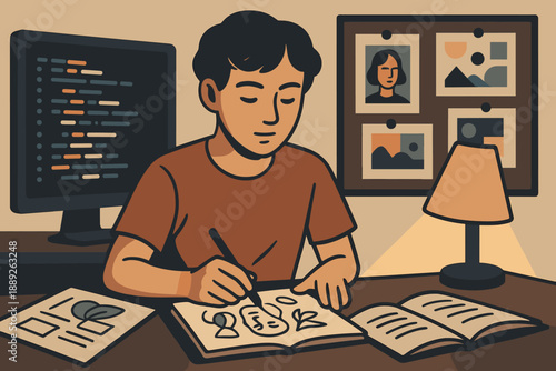 Student draws in sketchbook while sitting at desk with computer and lamp in a cozy room during evening hours