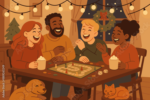Friends play board games around a table with drinks and snacks during a cozy evening in a home setting near Christmas