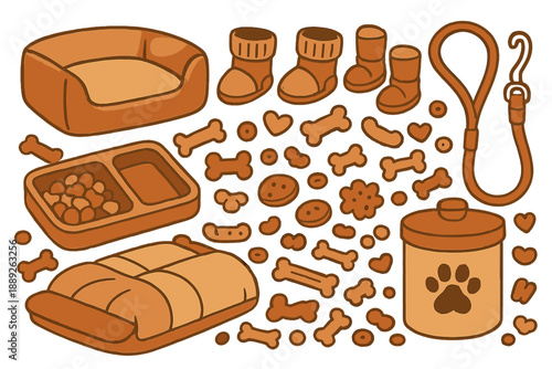 Dog care items including a bed, boots, leash, and food scattered in a simple layout