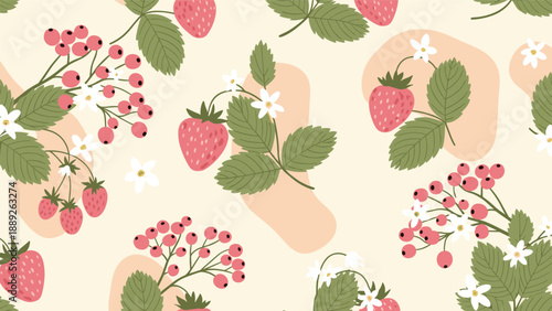 Summer fruit pattern showcasing ripe red strawberries and currants with delicate white blossoms and lush green garden leaves on cream.
