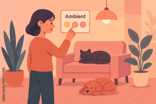 Choosing light settings in a cozy living room with pets resting nearby