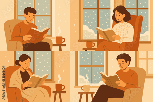 People reading books indoors during winter in cozy sitting areas near windows with snow outside
