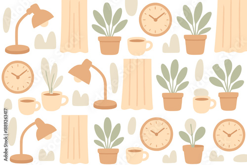 Plants, lamps, clocks, and coffee cups create a simple design in a cozy indoor setting during daylight hours