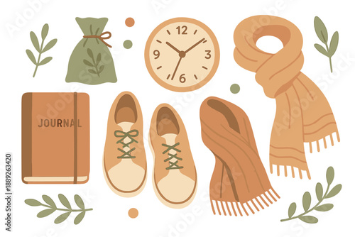 Items for a cozy day at home in autumn with shoes, a journal, a clock, a scarf, and plants displayed on a light background
