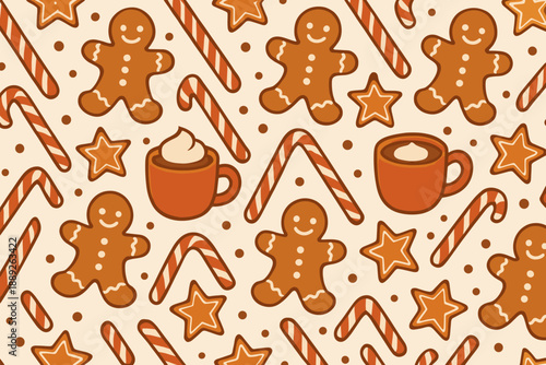 Gingerbread cookies and candy canes create a festive pattern for holiday celebrations and winter gatherings during the season