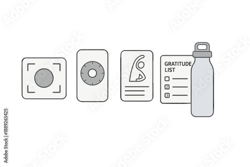 Tools for planning a mindful practice that includes a timer, a gratitude list, and a water bottle