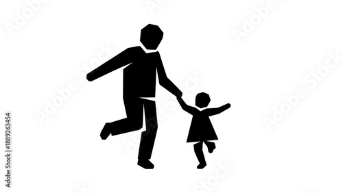 Silhouette of a father and daughter holding hands and running together.