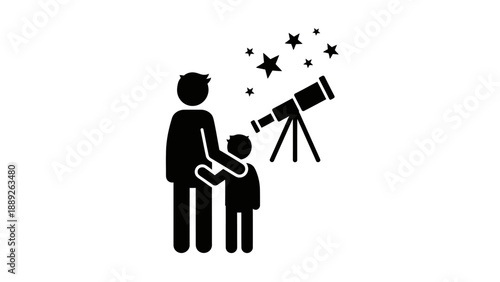 Father and Son Stargazing with Telescope at Night.