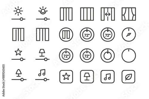 Icons that represent different controls for lighting and environment settings used in home automation or smart devices