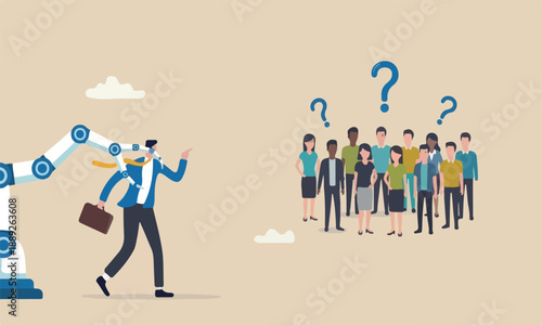 Advertising,, audience, or client management, CRM or HR manage staff or employee concept, automation robotic arm AI managing people for target group