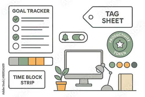 Tools for tracking goals and managing time used for productivity at a desk setting during the day