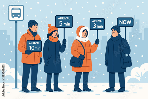 People waiting for a bus during winter while holding signs with arrival times and standing in snow