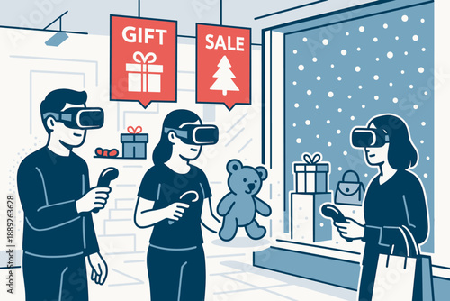 People using virtual reality to shop for gifts during a sales event in a store