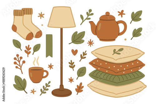 Cozy home scene with items like a lamp, teapot, and pillows during a relaxing afternoon inside a warm living space