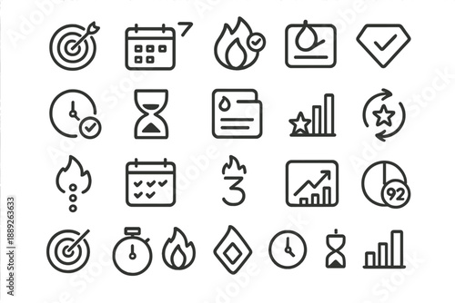 Collection of simple icons representing time management, tracking progress, and data analysis in digital formats