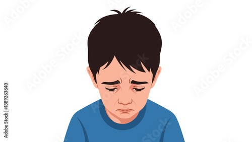 Emotional portrait of a young boy expressing sadness or disappointment with downcast eyes and a melancholy facial expression on white.