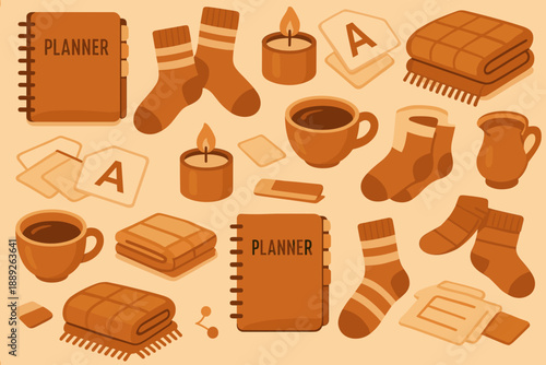 Cozy items for planning and relaxation in a warm setting with cups, socks, and planners
