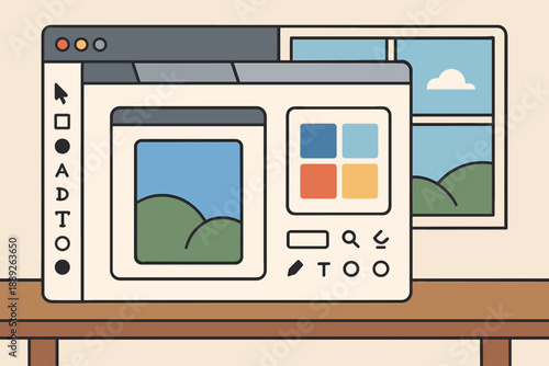 Design software interface shows editing tools for landscape images with color options and a preview window