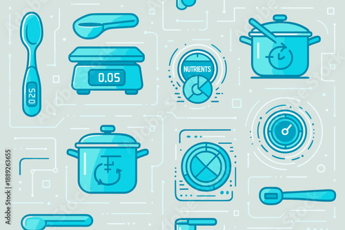 Cooking tools and kitchen gadgets shown in a colorful design with simple shapes and clear lines on a gray background