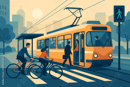 People wait at a tram stop while others ride bicycles during evening hours in a city setting with a setting sun
