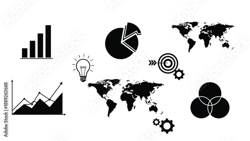 Business presentation icons including charts graphs world maps ideas and target strategy elements