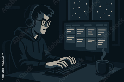 Student works late at night on computer with headphones while drinking coffee and looking at screen with text