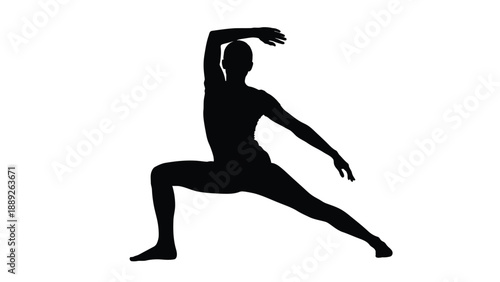 Silhouette of an athletic person performing a warrior yoga pose stretching deeply in an open space