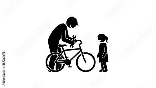 Man fixing bicycle while a young girl watches.