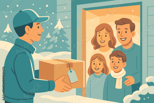 Delivery person gives package to smiling family during winter season in front of their home with snow on the ground