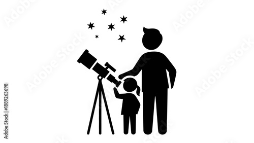 Father and daughter observing stars together through telescope.