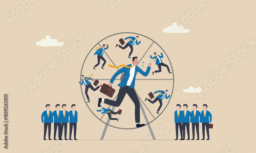 Office salary teams together overwork, inefficient or work hard trap that never finish concept, frustrated businessman in hurry running in rat race wheel
