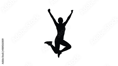 Silhouette of a triumphant athlete jumping high with both arms raised in victory against white
