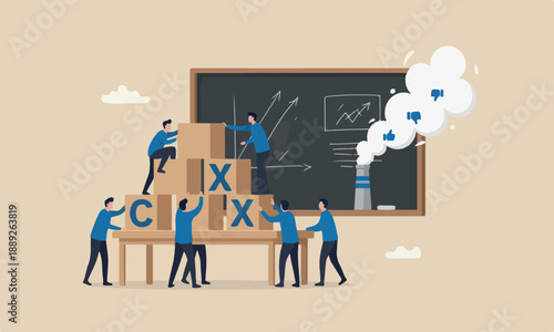 Customer Experience from industrial workers with blue team uniform building cube wooden block with acronym CX on table with blackboard, user review or feedback