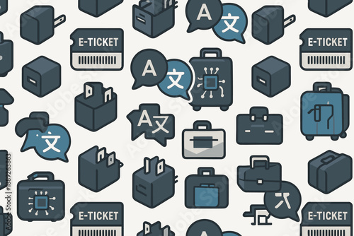 Travel icons and symbols showing ticket, language, suitcase, and baggage for digital use and planning trips