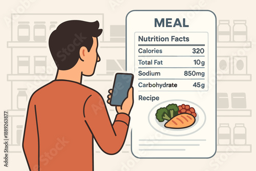 Man checking nutrition facts of meal on phone while standing in grocery store aisle