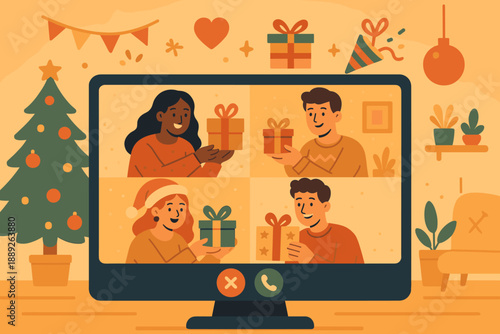 Virtual gift exchange happens during a holiday video call with friends and family in a cozy setting