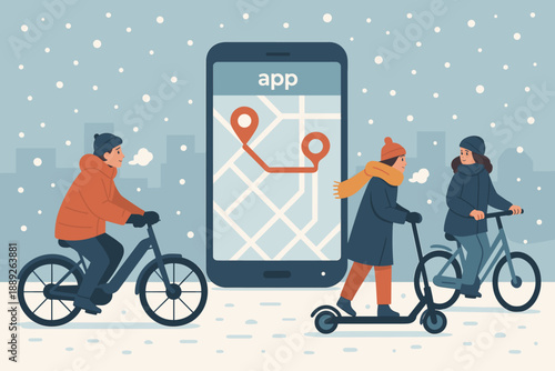 People use app for navigation during snowy day while riding bikes and a scooter in urban area