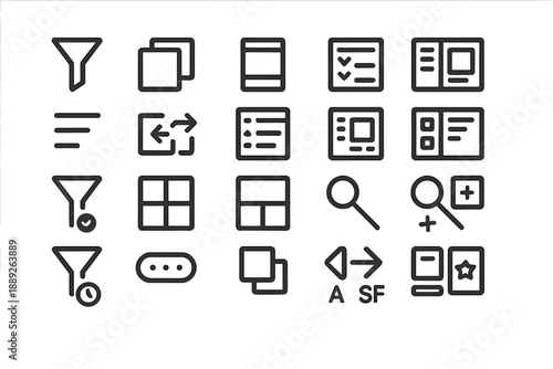 Collection of simple vector icons for user interface design and data organization tasks in digital applications