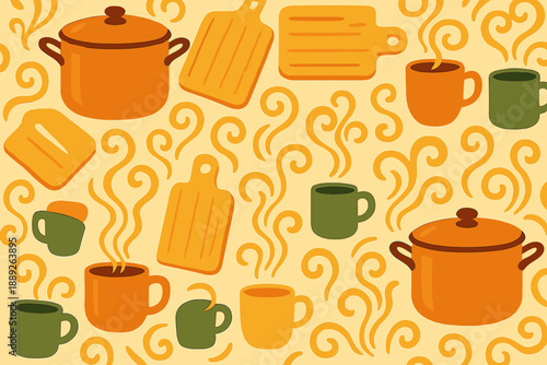 Kitchen scene with cooking pots, cups, and steam patterns on a warm yellow background during a sunny day at home