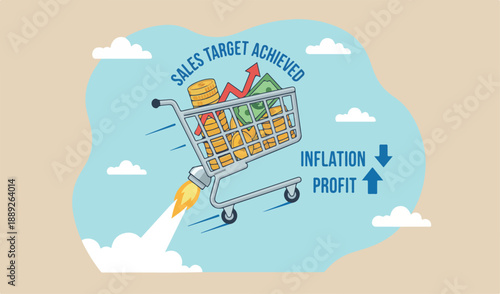 Boost sales and increase profit, achieve sales target or develop business growth, inflation and price concept, shopping cart or trolley fast rocket booster flying hight in the sky.
