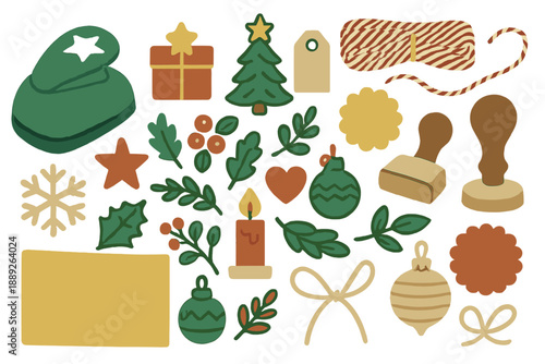 Colorful collection of Christmas decorations and items for festive crafting and gift wrapping ideas