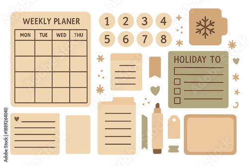 Weekly planner and decorative items on a white background for organizing tasks and schedules