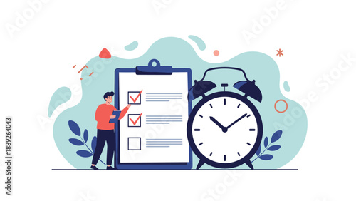 Professional conceptual illustration of a person marking tasks on a large clipboard standing next to a giant alarm clock.