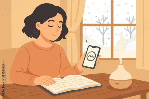 Person studies at a table with a book, while checking phone showing a number during a cold winter day inside a room