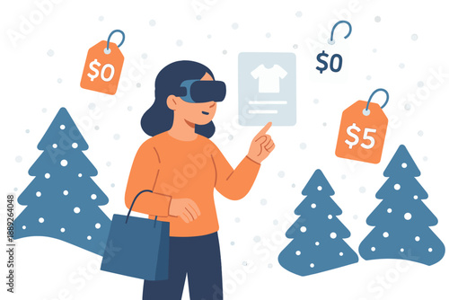 Shopping in virtual reality with price tags and winter trees in a modern setting