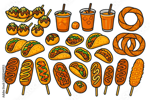 Different types of food items are shown on a table at a fair or market during daytime