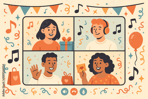 Virtual celebration with friends during a party with music and gifts on a video call