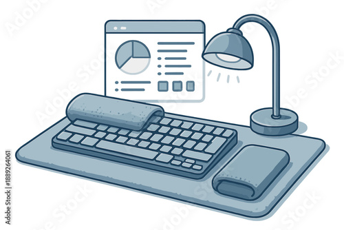 Workspace setup with keyboard, lamp and project report for online work and study activities at home during the day