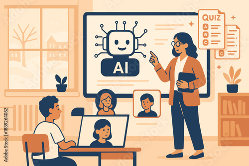 Kids learn about AI through interactive quiz in a classroom setting with a teacher and a large screen displaying AI content